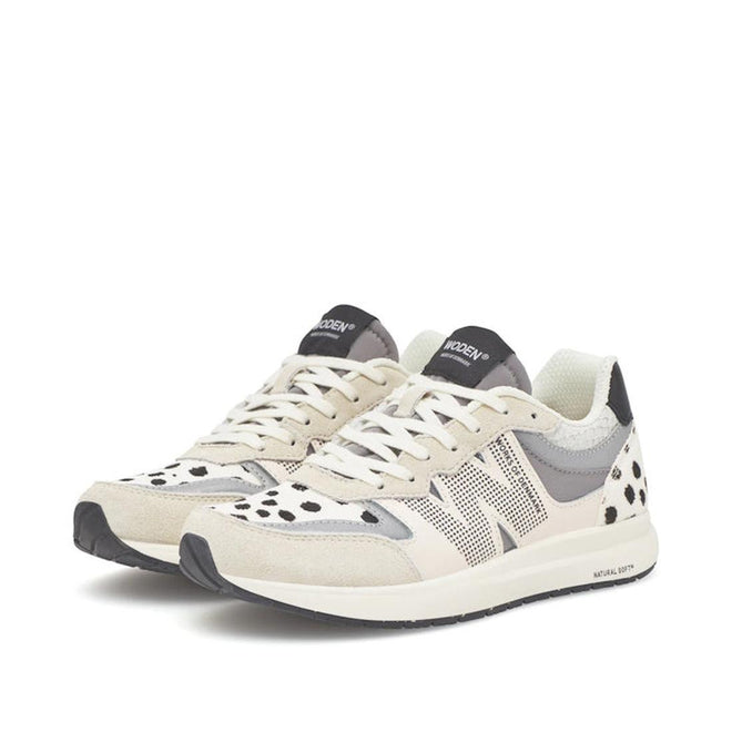 The Woden Rigmor Animal Damlation Lace Up Sneaker features beige, gray, and white animal print with black polka dots, black heel tabs, white laces, a mesh and suede finish, and a large N logo on the sides., 5713326695267, 5713326695274, 5713326695281, 5713326695298, 5713326695304, 5713326695311