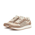 The Woden Rigmor Heritage Coffee Cream Lace Up Sneaker features a sporty beige and brown design with white laces and sole. Made from mesh, leather, and LWG certified suede, they're shown side by side on a white background., 50259, 5713326695113, 5713326695120, 5713326695137, 50263, 50264