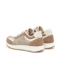 The Woden Rigmor Heritage Coffee Cream Lace Up Sneaker features beige and light brown mesh and LWG-certified suede panels, white soles, and a textured heel, seen from the back and side., 50259, 5713326695113, 5713326695120, 5713326695137, 50263, 50264