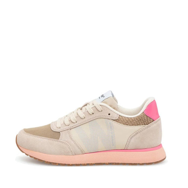 The Woden Ronja Ivory Blush Lace Up Sneaker features beige and tan recycled textile uppers, white laces, a light blue "W" detail, pink heel accent, light pink sole, cork insole, and a gum-colored outsole.