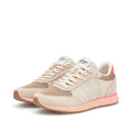 The Woden Ronja Ivory Blush Lace Up Sneaker features beige uppers, nude mesh panels, pale blue and hot pink accents, light pink soles, white laces, and tongue labels—all crafted from recycled textiles., 50265, 5713326700633, 5713326700640, 5713326700657, 5713326700664, 5713326700671