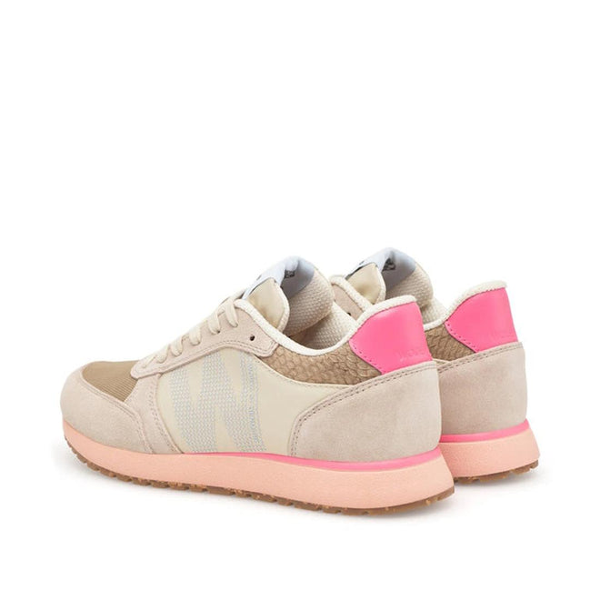 The Woden Ronja Ivory Blush Lace Up Sneaker features beige and light brown leather with blush pink soles and bright pink heel accents, shown from the back and side., 50265, 5713326700633, 5713326700640, 5713326700657, 5713326700664, 5713326700671