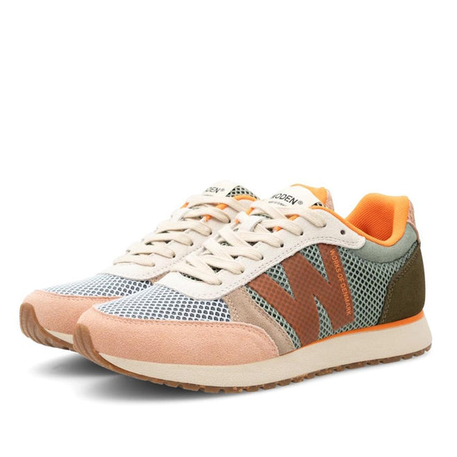 The Woden Ronja Icon Light Algae Multi Lace Up Sneaker features certified beige, pink, and olive green suede panels, orange mesh accents, white midsoles and laces, gum outsoles, and a bold orange W design on the sides., 50275, 5713326699838, 5713326699845, 5713326699852, 50279