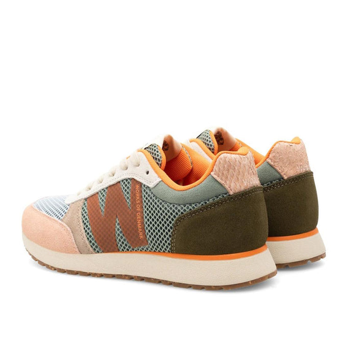 The Woden Ronja Icon Light Algae Multi Lace Up Sneaker is a stylish athletic shoe in peach, olive green, orange, and light gray with mesh panels for breathability (WODEN Air Flow System), certified suede accents, and an orange W logo., 50275, 5713326699838, 5713326699845, 5713326699852, 50279