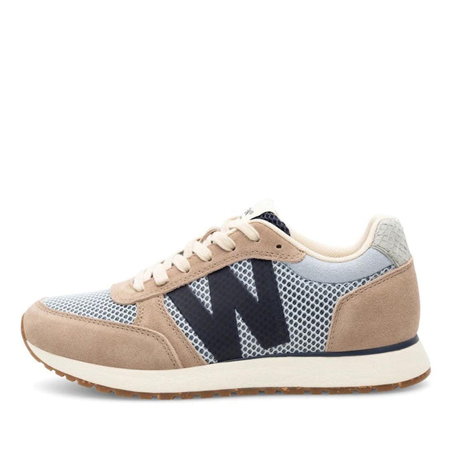 The Woden Ronja Icon Moonstone Multi Lace Up Sneaker features beige and light gray tones, a bold black W on the side, white laces, recycled mesh panels, suede toe and heel accents, and a gum rubber sole.