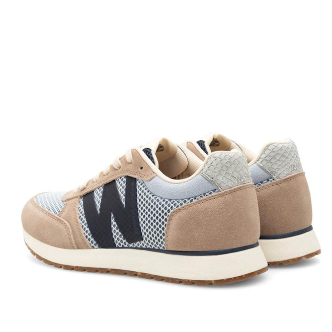 The Woden Ronja Icon Moonstone Multi Lace Up Sneaker features beige, gray, and black hues with recycled mesh panels, suede details, textured heel accents, and a thick sole—shown angled to display the side and back., 50270, 5713326699678, 5713326699685, 5713326699692, 50274