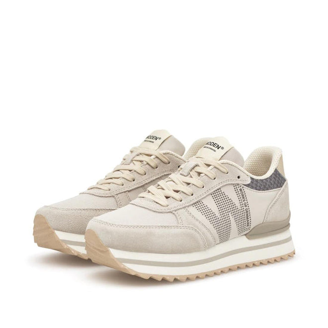 The Woden Ronja Plateau Delpin Lace Up Sneaker features beige and light gray tones, textured soles, mesh side panels, laces, and sustainable materials, shown on a white background., 5713326692365, 5713326692372, 5713326692389, 5713326692396, 5713326692402