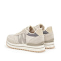 The Woden Ronja Plateau Delpin Lace Up Sneaker features beige and cream suede and mesh panels, white laces, chunky white soles, and subtle fish leather accents. The pair is shown angled to display both the sides and backs., 5713326692365, 5713326692372, 5713326692389, 5713326692396, 5713326692402