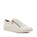 The Ziera Diann White Silver Leather Zip Women's Casual Sneaker, featuring a lace-up front, side zipper detail, rubber sole, and extra wide fit, is displayed at an angle on a plain white background.