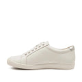 The Ziera Diann White Silver Leather Zip Women's Casual Sneaker features a minimalist white leather design, white laces, a white rubber sole, metallic silver heel accent, subtle arch support, and is shown in side profile on a plain white background., 52202, 52203, 9355342579099, 9355342579105, 52206, 9355342579129, 52208, 52209