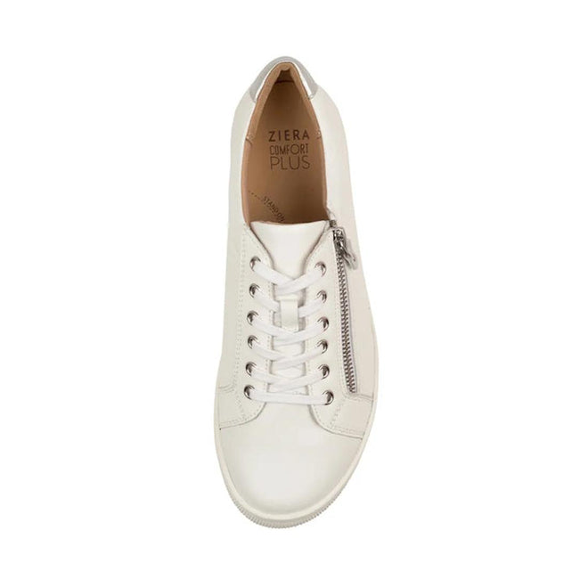 The Ziera Diann White Silver Leather Zip Women’s Casual Sneaker features a side zipper, tan insole branded with Ziera Comfort Plus for arch support, an extra wide fit, and a simple, clean white leather design for all-day comfort., 52202, 52203, 9355342579099, 9355342579105, 52206, 9355342579129, 52208, 52209