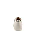 The Ziera Diann White Silver Leather Zip Womens Casual Sneaker, shown from the back on a plain white background, features a metallic silver heel accent, side zipper detail, extra wide fit, and subtle arch support., 52202, 52203, 9355342579099, 9355342579105, 52206, 9355342579129, 52208, 52209