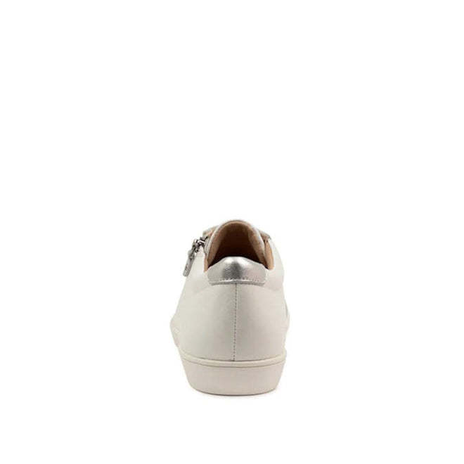 The Ziera Diann White Silver Leather Zip Womens Casual Sneaker, shown from the back on a plain white background, features a metallic silver heel accent, side zipper detail, extra wide fit, and subtle arch support., 52202, 52203, 9355342579099, 9355342579105, 52206, 9355342579129, 52208, 52209