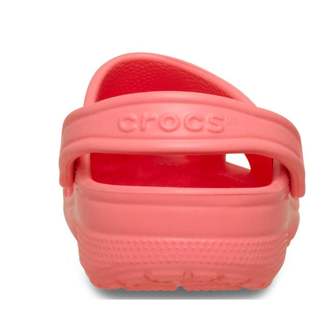 Rear view of a Crocs - Classic Clog Adults Guava Pink Orange, featuring the back strap with CROCS embossed and a textured sole, showcasing signature Crocs Comfort., 49797, 49798, 49799, 49800, 49801, 49802, 49803, 49804, 49805