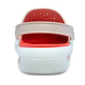 A rear view of the Crocs In Motion Clog in Quartz Browny Pink shows its beige adjustable heel strap, ventilation holes on the insole, and "crocs" embossed on the heel, highlighting comfort with Free Feel Technology., 49764, 49765, 49766, 49767, 49768, 49769, 49770, 49771, 198445359804, 198445359811, 198445359828, 198445359835, 198445359842, 49769, 49770, 49771