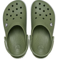 A pair of Crocs Crocband Clog Cargo Green Mens Womens, viewed from above, featuring ventilation holes, an adjustable heel strap, textured Croslite foam footbeds, and a small circular logo on the side., 49772, 198445338953, 198445338960, 198445338977, 198445338984, 198445338991, 198445338908, 198445338915, 49780, 49781