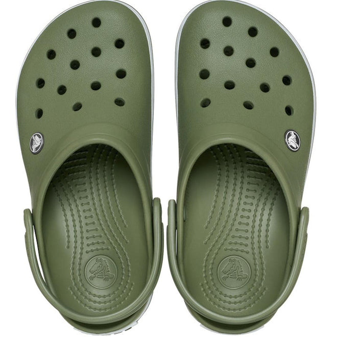 A pair of Crocs Crocband Clog Cargo Green Mens Womens, viewed from above, featuring ventilation holes, an adjustable heel strap, textured Croslite foam footbeds, and a small circular logo on the side., 49772, 198445338953, 198445338960, 198445338977, 198445338984, 198445338991, 198445338908, 198445338915, 49780, 49781