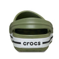 Rear view of the Crocs Crocband Clog Cargo Green Mens Womens, showing a white heel strap with black Crocs logo, two black stripes on the sole, and a cushioned Croslite foam footbed for comfort., 49772, 198445338953, 198445338960, 198445338977, 198445338984, 198445338991, 198445338908, 198445338915, 49780, 49781