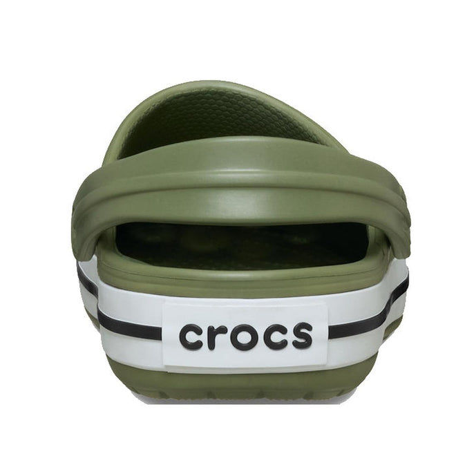 Rear view of the Crocs Crocband Clog Cargo Green Mens Womens, showing a white heel strap with black Crocs logo, two black stripes on the sole, and a cushioned Croslite foam footbed for comfort., 49772, 198445338953, 198445338960, 198445338977, 198445338984, 198445338991, 198445338908, 198445338915, 49780, 49781