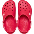 A pair of Crocs Crocband Clog Digital Raspberry Mens Womens slip-ons, featuring ventilation holes on top and adjustable back straps, viewed from above., 49806, 49807, 49808, 49809, 49810, 49811, 49812, 49813, 49814, 49815, 49806, 198445339158, 198445339165, 198445339172, 198445339189, 49811, 49812, 49813, 49814, 49815