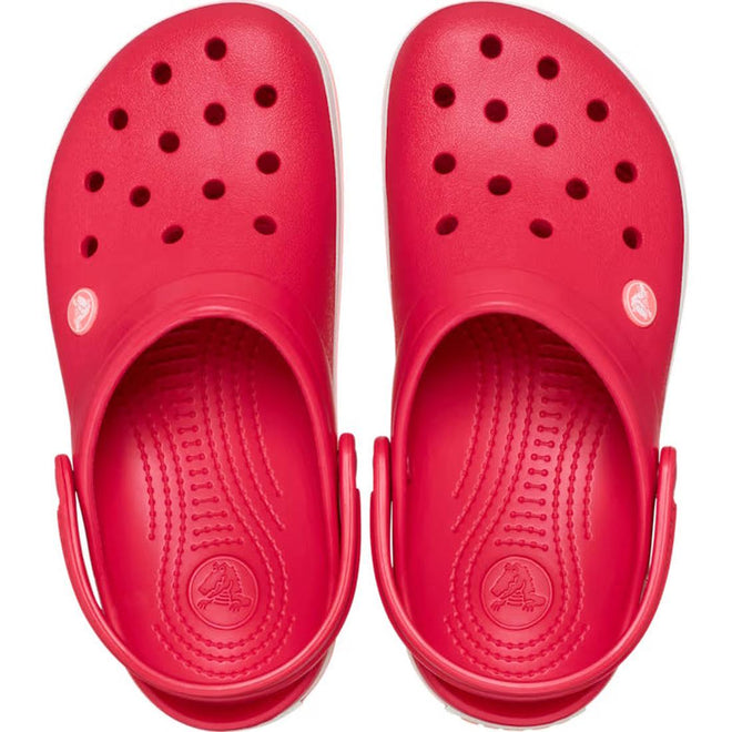 A pair of Crocs Crocband Clog Digital Raspberry Mens Womens slip-ons, featuring ventilation holes on top and adjustable back straps, viewed from above., 49806, 49807, 49808, 49809, 49810, 49811, 49812, 49813, 49814, 49815, 49806, 198445339158, 198445339165, 198445339172, 198445339189, 49811, 49812, 49813, 49814, 49815