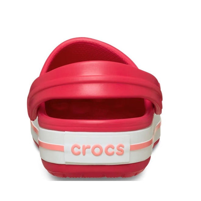 A rear view of a Crocs Crocband Clog Digital Raspberry Mens Womens sandal shows a back strap and raised "crocs" letters on the heel, featuring a sporty, casual design., 49806, 49807, 49808, 49809, 49810, 49811, 49812, 49813, 49814, 49815, 49806, 198445339158, 198445339165, 198445339172, 198445339189, 49811, 49812, 49813, 49814, 49815
