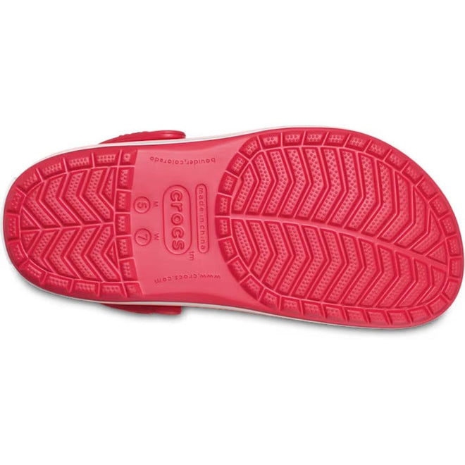 The image shows the sole of a Crocs Crocband Clog Digital Raspberry Mens Womens, featuring a textured herringbone tread pattern and the Crocs logo molded into the center of the footbed., 49806, 49807, 49808, 49809, 49810, 49811, 49812, 49813, 49814, 49815, 49806, 198445339158, 198445339165, 198445339172, 198445339189, 49811, 49812, 49813, 49814, 49815