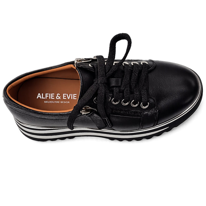 The Alfie & Evie Hosting Women's Leather Shoe features black leather, black laces, silver eyelets, a side zip, tan interior, and a striped platform sole. The insole is branded ALFIE & EVIE., 50827, 50828, 50829, 50830, 50831, 50832, 50833