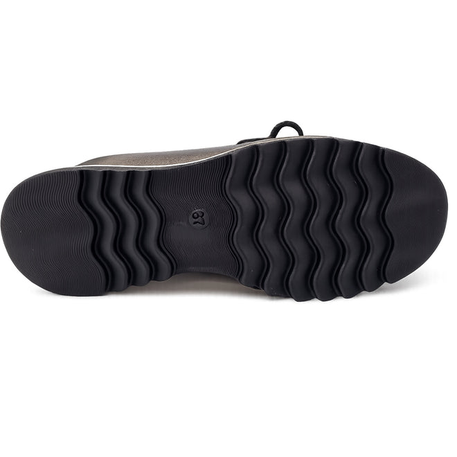 The image shows the bottom view of an Alfie & Evie Hosting Womens Leather Shoe Platform Black Silver, featuring a wavy-patterned black rubber sole with deep curved grooves for traction and a size 38 marking., 50827, 50828, 50829, 50830, 50831, 50832, 50833