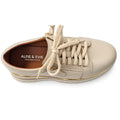 A cream/gold Alfie & Evie Hosting women’s leather platform shoe with thick laces and gold accents, featuring “ALFIE & EVIE MELBOURNE DESIGN” on the insole. The lightweight shoe is viewed from above on a white background., 38135, 9353738178833, 9353738178840, 9353738178857, 9353738178864, 9353738178871, 38141