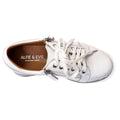 An Alfie & Evie Hosting Women's Leather Shoe Platform in White/Silver, featuring white laces, silver eyelets, a tan inner lining, and "ALFIE & EVIE MELBOURNE DESIGN" branding on the insole. Shown from above on a white background., 43583, 43584, 43585, 43586, 43587, 43588, 43589