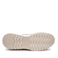 The image shows the bottom view of the Alfie & Evie Hosting Womens Leather Shoe Platform in White/Silver, featuring a beige wavy-patterned rubber sole with deep traction grooves and a small circular logo at the center., 43583, 43584, 43585, 43586, 43587, 43588, 43589