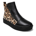 The Alfie & Evie Womens Dynasty Black Leopard Cracked Leather Ankle Boot features a ridged platform sole, side zipper, and striking leopard print panel for bold style and added height. Smooth black cracked leather contrasts with eye-catching animal print accents.