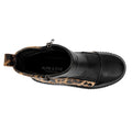 Top view of the Alfie & Evie Womens Dynasty Black Leopard Cracked Leather Ankle Boot featuring a platform sole, leopard print panel, side zipper, and ALFIE & EVIE MELBOURNE DESIGN label on the insole., 50848, 50849, 50850, 50851, 50852, 50853, 50854