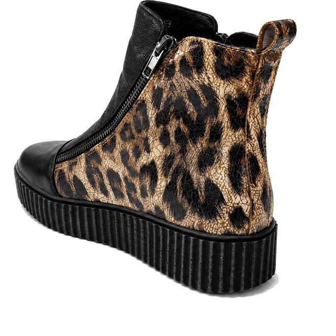 The Alfie & Evie Womens Dynasty Black Leopard Cracked Leather Ankle Boot features a side zipper, tan-and-black leopard print on the back and heel, plus a thick ridged platform sole for added height and edgy style., 50848, 50849, 50850, 50851, 50852, 50853, 50854
