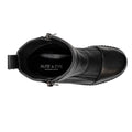 Top view of the Alfie & Evie Womens Dynasty Black Leather Ankle Boot featuring a creeper sole, side zipper, back pull tab, and ALFIE & EVIE MELBOURNE DESIGN on the insole, photographed on a white background., 50918, 50919, 50920, 50921, 50922, 50923, 50924