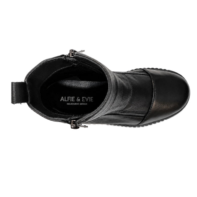 Top view of the Alfie & Evie Womens Dynasty Black Leather Ankle Boot featuring a creeper sole, side zipper, back pull tab, and ALFIE & EVIE MELBOURNE DESIGN on the insole, photographed on a white background., 50918, 50919, 50920, 50921, 50922, 50923, 50924