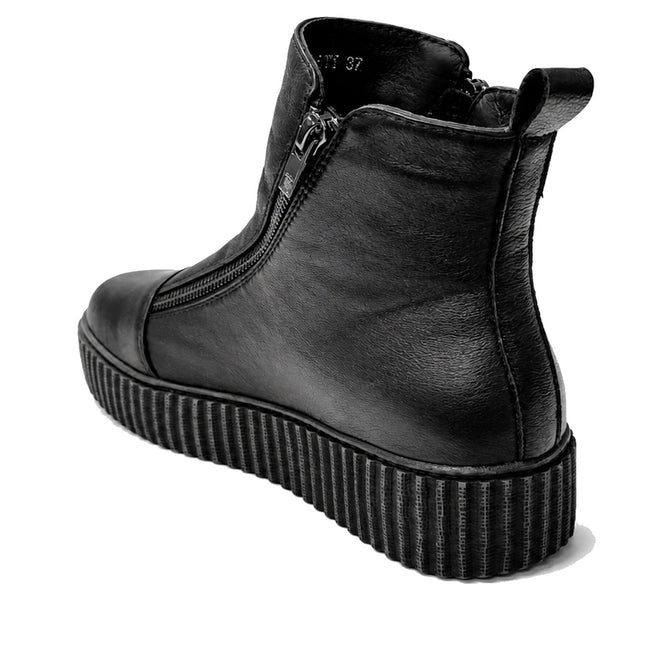 The Alfie & Evie Womens Dynasty Black Leather Ankle Boot is shown from the back, highlighting its side zipper, heel pull tab, and thick ridged rubber sole with visible stitching., 50918, 50919, 50920, 50921, 50922, 50923, 50924