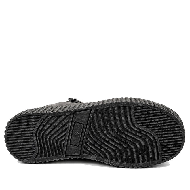 The image displays the black sole of the Alfie & Evie Womens Dynasty Black Leather Ankle Boot, featuring a textured, non-slip creeper sole with the size 35 marked in the center., 50918, 50919, 50920, 50921, 50922, 50923, 50924