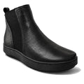 The Alfie & Evie Womens Eagle Black Chelsea Ankle Boot Zip features a textured black finish, elastic side panels, zip closure, flat thick rubber sole, rounded toe, minimalist style, and a removable memory foam insole for comfort.