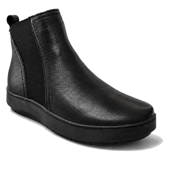 The Alfie & Evie Womens Eagle Black Chelsea Ankle Boot Zip features a textured black finish, elastic side panels, zip closure, flat thick rubber sole, rounded toe, minimalist style, and a removable memory foam insole for comfort.