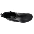 Top view of the Alfie & Evie Womens Eagle Black Chelsea Ankle Boot featuring a side zipper, heel pull tab, removable memory foam insole, and "ALFIE & EVIE MELBOURNE DESIGN" printed on the insole., 50841, 50842, 50843, 50844, 50845, 50846, 50847