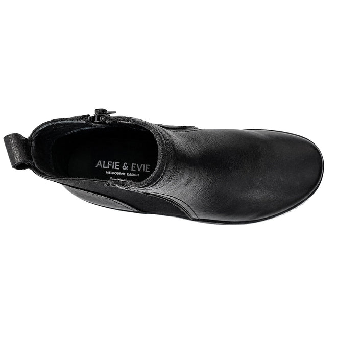 Top view of the Alfie & Evie Womens Eagle Black Chelsea Ankle Boot featuring a side zipper, heel pull tab, removable memory foam insole, and "ALFIE & EVIE MELBOURNE DESIGN" printed on the insole., 50841, 50842, 50843, 50844, 50845, 50846, 50847