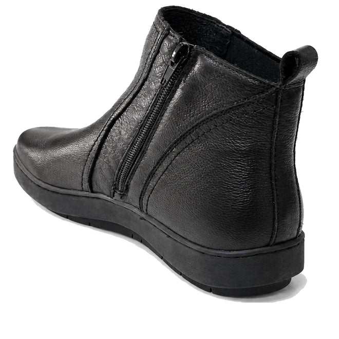 The Alfie & Evie Womens Eagle Black Chelsea Ankle Boot Zip is shown from a rear side angle on a white background, featuring black leather, side zipper, textured surface, thick rubber sole, and a removable memory foam insole., 50841, 50842, 50843, 50844, 50845, 50846, 50847