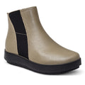 The Alfie & Evie Womens Eagle Khaki Chelsea Ankle Boot Zip features a smooth khaki leather finish, black elastic side panel, black rubber sole, and cushioned memory foam insole, shown at a slight angle on a white background.