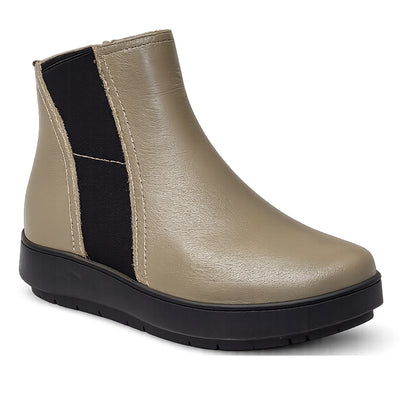 The Alfie & Evie Womens Eagle Khaki Chelsea Ankle Boot Zip features a smooth khaki leather finish, black elastic side panel, black rubber sole, and cushioned memory foam insole, shown at a slight angle on a white background.