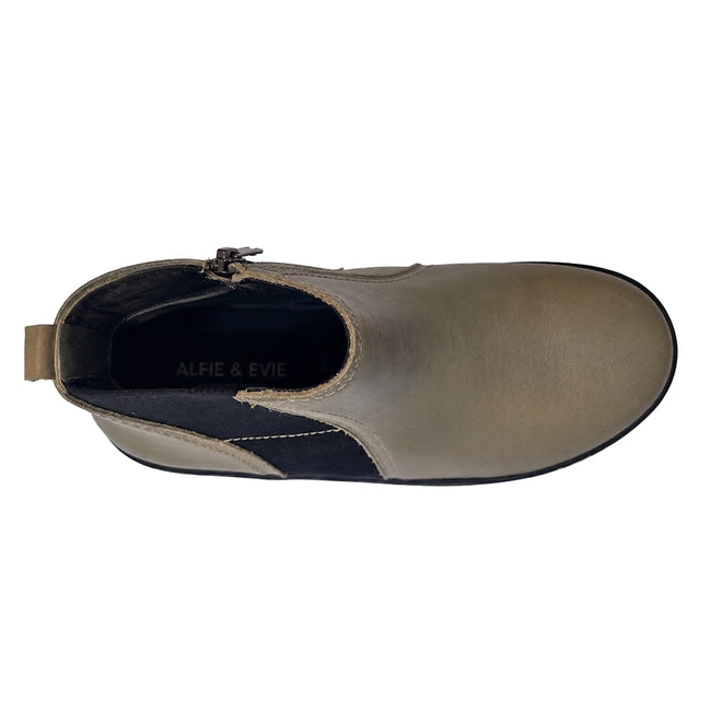 Top view of the Alfie & Evie Womens Eagle Khaki Chelsea Ankle Boot Zip, featuring tan leather, a black elastic side panel, heel pull tab, and cushioned memory foam insole with ALFIE & EVIE branding on a white background., 50834, 50835, 50836, 50837, 50838, 50839, 50840