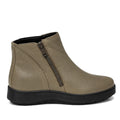 The Alfie & Evie Womens Eagle Khaki Chelsea Ankle Boot Zip features a side zipper, black sole, low wedge heel, smooth leather and a memory foam insole. Shown in left profile on a white background., 50834, 50835, 50836, 50837, 50838, 50839, 50840