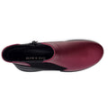 Top view of the Alfie & Evie Junior Bordo Purple Lo Leather Ankle Boot for women, showing a black side panel, zipper, and memory foam insole with ALFIE & EVIE branding., 50876, 50877, 50878, 50879, 50880, 50881, 50882