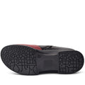 The image displays the sole of the Alfie & Evie Junior Bordo Purple Lo Leather Ankle Boot Womens. The black sole features a red accent, unique textured geometric pattern for grip, and a memory foam insole, with the shoe showing its full underside., 50876, 50877, 50878, 50879, 50880, 50881, 50882